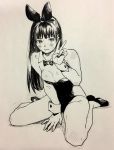  1girl animal_ears bare_shoulders black_hair bunnysuit collar cuffs highres kamiyama_aya leotard long_hair monochrome original rabbit_ears sitting sketch traditional_media v wariza 