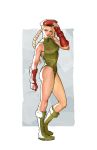  1girl bare_shoulders beret blonde_hair blue_background blue_eyes boots braid cammy_white closed_mouth contrapposto full_body gloves green_footwear green_leotard hat highres leotard red_gloves red_hat salute single_braid solo standing street_fighter tim_loechner 