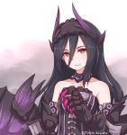  1girl bangs bare_shoulders black_dress black_eclipse_dragon_princess black_hair blush bright_pupils claws closed_mouth commentary detached_collar disco_brando dress gore_magala hair_between_eyes hairband horns long_hair looking_at_viewer monster_hunter monster_hunter_4 red_eyes smile solo twitter_username upper_body wings 