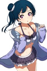  &gt;:o 1girl absurdres alternate_hairstyle bangs bare_shoulders bikini bikini_skirt blue_hair breasts cleavage clenched_hand collarbone cowboy_shot halterneck highres icehotmilktea jacket long_hair looking_at_viewer love_live! love_live!_sunshine!! medium_breasts midriff navel open_mouth side_bun side_ponytail sleeves_past_wrists solo swimsuit tsushima_yoshiko violet_eyes white_background white_scrunchie 