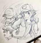  1boy baseball_cap character_sheet fingerless_gloves gloves graphite_(medium) hand_on_hip hat highres jacket kaneko_shizue male_focus pokemon pokemon_(anime) satoshi_(pokemon) smile thumbs_up traditional_media 