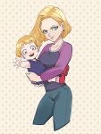  android_18 blonde_hair blue_eyes cyborg denim dragon_ball dragon_ball_super dress earrings hiruchan hug jewelry marron mother_and_daughter short_hair smile 