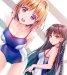  2girls :d arms_behind_back bangs bare_shoulders bent_over blonde_hair blue_swimsuit blush braid breasts brown_hair ceiling cleavage collarbone commentary_request competition_swimsuit copyright_request cowboy_shot dutch_angle eyebrows_visible_through_hair hair_ribbon hairband holding indoors kotatsu_(kotatsu358) long_hair looking_to_the_side medium_breasts multiple_girls one-piece_swimsuit open_mouth parted_lips pink_eyes red_eyes ribbon round_teeth shiny shiny_hair short_hair side_braid smile standing straight_hair sweat swimsuit teeth thighs upper_body very_long_hair white_hairband white_ribbon 