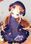  1girl abigail_williams_(fate/grand_order) absurdres blonde_hair blue_eyes bow commentary_request covering_mouth fate/grand_order fate_(series) hair_bow hat highres long_hair looking_at_viewer ooki_ine sleeves_past_wrists smile solo 