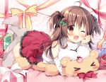  &gt;_&lt; 1girl ;d ahoge bangs between_breasts blush bow bowtie box breasts brown_eyes brown_hair chin_rest clenched_hand commentary_request feet_up gift gift_box grey_legwear hair_ornament hair_ribbon holly_hair_ornament large_breasts long_hair long_sleeves looking_at_viewer lying lying_on_object miniskirt no_shoes on_stomach one_eye_closed open_mouth original pan_(mimi) red_neckwear red_skirt ribbon shoulder_cutout skirt smile solo stuffed_animal stuffed_toy sweater teddy_bear thigh-highs two_side_up white_sweater 