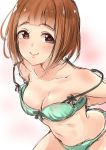  1girl adjusting_bra adjusting_clothes bangs bare_shoulders blunt_bangs blush bra breasts brown_eyes brown_hair cleavage collarbone eyebrows_visible_through_hair green_bra green_panties heart heart-shaped_pupils highres idolmaster idolmaster_cinderella_girls kitami_yuzu looking_at_viewer medium_breasts murabito_c navel off_shoulder panties short_hair simple_background smile solo symbol-shaped_pupils underwear waist 