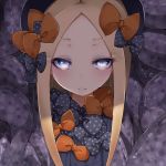  1girl abigail_williams_(fate/grand_order) bangs black_bow black_hat blonde_hair blue_eyes bow closed_mouth face fate/grand_order fate_(series) hair_bow hat long_hair looking_at_viewer orange_bow parted_bangs polka_dot polka_dot_bow ra_i sidelocks solo tentacle 