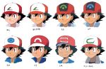  1boy artist_request baseball_cap black_eyes black_hair brown_eyes commentary_request comparison face hat highres pokemon pokemon_(anime) pokemon_(game) pokemon_bw pokemon_dppt_(anime) pokemon_rse pokemon_sm_(anime) pokemon_xy_(anime) satoshi_(pokemon) smile solo 