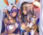  2girls animal_ears arm_wrap armlet bangs bed_sheet belly_chain black_hair blue_armor blush bracelet breastplate breasts bridal_gauntlets chains circlet cleavage commentary_request dark_skin detached_collar earrings egyptian egyptian_clothes facepaint facial_mark fate/grand_order fate_(series) forehead_jewel green_eyes hairband hands_up hoop_earrings jewelry lantern large_breasts long_hair looking_at_another medium_breasts multiple_girls nitocris_(fate/grand_order) nitocris_(swimsuit_assassin)_(fate) parted_bangs parted_lips pauldrons piromizu purple_hair rain ring scheherazade_(fate/grand_order) scroll sidelocks smile squatting staff swimsuit very_long_hair violet_eyes white_swimsuit 