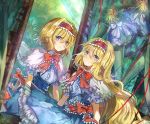  2girls alice_margatroid alternate_hair_length alternate_hairstyle blonde_hair blue_eyes commentary_request doll dress dual_persona long_hair looking_at_viewer mirror mirror_twins multiple_girls reflection short_hair short_sleeves solo touhou vima 