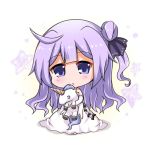  1girl ahoge azur_lane chibi commentary_request doll_hug dress elbow_gloves gloves hair_bun hair_ribbon long_hair looking_at_viewer noai_nioshi parted_lips purple_hair ribbon side_bun sitting solo stuffed_animal stuffed_pegasus stuffed_toy stuffed_unicorn unicorn_(azur_lane) violet_eyes wariza white_dress white_gloves 