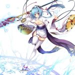  1girl bangs blue_hair breasts butterfly chouun cleavage copyright_name eyebrows_visible_through_hair hair_between_eyes hat holding holding_weapon japanese_clothes kami_project katagiri_hinata koihime_musou large_breasts lightning looking_at_viewer medium_breasts obi official_art one_leg_raised parted_lips polearm ribbon sash short_hair simple_background smile solo spear thigh-highs violet_eyes weapon white_legwear wide_sleeves zettai_ryouiki 