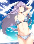  1girl animal_ears arm_behind_head bare_arms bare_shoulders bikini breasts collarbone commentary_request cowboy_shot day highres kz_oji long_hair looking_at_viewer midriff navel parted_lips purple_hair rabbit_ears red_eyes reisen_udongein_inaba side-tie_bikini sky small_breasts solo swimsuit touhou very_long_hair water white_bikini 