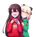  2girls blonde_hair bow brown_hair closed_eyes demon_archer fate/grand_order fate_(series) hair_bow hood hoodie long_hair multiple_girls okita_souji_(fate) piroya_(shabushabu) 