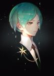  androgynous aqua_eyes aqua_hair bangs black_background black_neckwear chains closed_mouth expressionless eyebrows_visible_through_hair gem_uniform_(houseki_no_kuni) gold_chain gradient gradient_background half-closed_eyes houseki_no_kuni light_particles looking_away necktie parted_bangs phosphophyllite shatter shiny shiny_hair short_hair songjikyo tsurime upper_body 