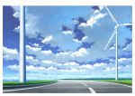  blue_sky clouds cloudy_sky commentary_request day grass hariken highres lake nature no_humans original outdoors road scenery sky water wind_turbine windmill 
