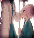  1boy 1girl child commentary_request fate/grand_order fate_(series) from_side gloves hair_between_eyes hiiragi_fuyuki intravenous_drip labcoat long_sleeves mash_kyrielight name_tag parted_lips pink_eyes pink_hair robe romani_akiman short_hair simple_background sleeves_rolled_up white_background white_gloves 