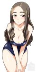  1girl blue_swimsuit breasts brown_eyes brown_hair forehead highres large_breasts leaning_forward long_hair looking_at_viewer old_school_swimsuit ootori_masatsuna original school_swimsuit shiny shiny_skin standing swimsuit thick_eyebrows watermark 
