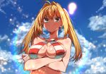  1girl ahoge bikini blonde_hair blue_sky breasts cleavage clouds crossed_arms earrings erere fate/grand_order fate_(series) green_eyes jewelry large_breasts long_hair looking_at_viewer nero_claudius_(fate)_(all) nero_claudius_(swimsuit_caster)_(fate) outdoors sky smile solo striped striped_bikini sun swimsuit twintails upper_body 