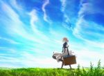  1girl blonde_hair blue_eyes boots braid case dress grass hair_ribbon highres ribbon short_hair sky solo suitcase umbrella violet_evergarden violet_evergarden_(character) 