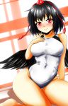  1girl absurdres black_hair black_wings blush breasts competition_swimsuit d-m_(dii_emu) hand_on_own_chest hat highres large_breasts looking_at_viewer one-piece_swimsuit red_eyes shameimaru_aya short_hair sitting smile solo swimsuit tokin_hat touhou white_swimsuit wings 