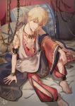  1boy arabian_clothes arm_support barefoot blonde_hair earrings fate/grand_order fate_(series) gilgamesh gilgamesh_(caster)_(fate) jewelry looking_at_viewer male_focus necklace parted_lips pillow red_eyes short_hair signature smile solo takashi_(huzakenna) tattoo 