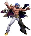  1boy abs azrael_(blazblue) beard blazblue blazblue:_cross_tag_battle blue_hair facial_hair jacket_on_shoulders official_art solo tattoo 