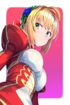  1girl ahoge blonde_hair breasts chikuwa_(garakuta_waakusu) cleavage closed_mouth commentary_request epaulettes fate/extra fate_(series) green_eyes highres looking_to_the_side nero_claudius_(fate) nero_claudius_(fate)_(all) short_hair smile solo upper_body 
