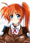  1girl blue_eyes brown_uniform dasuto dated looking_at_viewer lyrical_nanoha mahou_shoujo_lyrical_nanoha_strikers military military_uniform orange_hair red_ribbon ribbon side_ponytail simple_background smile solo takamachi_nanoha twitter_username uniform upper_body white_background 