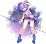  1girl :d azur_lane blue_eyes breasts cleavage commentary_request crown hair_ribbon holding javelin_(azur_lane) long_hair looking_at_viewer machinery mini_crown navel open_mouth plaid plaid_skirt pleated_skirt polearm ponytail purple_hair ribbon shiosoda skirt smile solo turret weapon 