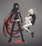  2boys absurdres black_hair bort crystal_hair dangan_ronpa diamond_(houseki_no_kuni) full_body gem_uniform_(houseki_no_kuni) grey_background highres houseki_no_kuni kamukura_izuru komaeda_nagito long_hair look-alike looking_at_viewer looking_back male_focus multiple_boys puffy_short_sleeves puffy_sleeves short_sleeves simple_background smile super_dangan_ronpa_2 thigh-highs very_long_hair white_hair 