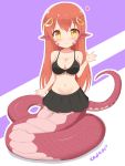  1girl animal_ears bare_arms bare_shoulders bikini bikini_skirt black_bikini blush chibi closed_mouth commentary_request eyebrows_visible_through_hair full_body groin hair_ornament kainkout lamia long_hair looking_at_viewer miia_(monster_musume) monster_girl monster_musume_no_iru_nichijou pleated_skirt pointy_ears purple_background redhead scales signature skirt slit_pupils smile solo swimsuit two-tone_background very_long_hair waving yellow_eyes 