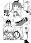  1boy 2girls ? admiral_(kantai_collection) against_glass alternate_costume armpits bell bikini_top bow breasts c: cleavage comic commentary_request detached_sleeves fur_trim greyscale hat holding_sack houshou_(kantai_collection) imu_sanjo kantai_collection military military_uniform monochrome multiple_girls naval_uniform navel peaked_cap ponytail santa_costume sparkle spoken_question_mark sweat thigh-highs translation_request triangle_mouth uniform window yamato_(kantai_collection) zettai_ryouiki 