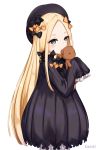  1girl abigail_williams_(fate/grand_order) absurdres artist_name bangs black_bow black_dress black_hat blonde_hair bloomers blue_eyes blush bow butterfly dress eyebrows_visible_through_hair fate/grand_order fate_(series) forehead hair_bow hands_in_sleeves hat highres kumei long_sleeves looking_at_viewer object_hug orange_bow parted_bangs parted_lips polka_dot polka_dot_bow simple_background solo stuffed_animal stuffed_toy teddy_bear underwear white_background white_bloomers 