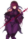  armor bodysuit breasts covered_navel fafas68 fate/grand_order fate_(series) highres large_breasts long_hair pauldrons polearm purple_bodysuit purple_hair scathach_(fate/grand_order) shoulder_armor spear veil weapon 