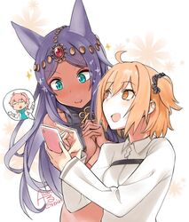  2girls animal_ears cellphone circlet dark_skin fate/grand_order fate_(series) fujimaru_ritsuka_(female) long_hair multiple_girls phone purple_hair queen_of_sheba_(fate/grand_order) rkrk 