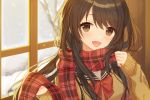  1girl bangs bare_tree blurry blush bow bowtie brown_eyes brown_hair commentary_request copyright_request depth_of_field eyebrows_visible_through_hair hands_up hiiragi_souren indoors long_hair long_sleeves official_art plaid plaid_scarf red_bow red_neckwear red_scarf scarf school_uniform serafuku sleeves_past_wrists solo swept_bangs tareme tree upper_body window 