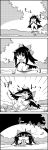  4koma bow cloak comic commentary_request falling greyscale hair_bow highres hole kneeling long_hair monochrome nature no_humans reiuji_utsuho shaded_face smile tani_takeshi touching touhou translation_request yukkuri_shiteitte_ne 