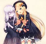  2girls :d abigail_williams_(fate/grand_order) bags_under_eyes bangs beige_background black_bow black_dress black_hat blonde_hair bloomers blue_eyes blush bow butterfly closed_mouth commentary_request dress eye_contact eyebrows_visible_through_hair fate/grand_order fate_(series) hair_bow hands_in_sleeves hat horn kubyou_azami lavinia_whateley_(fate/grand_order) long_hair long_sleeves looking_at_another looking_at_viewer multiple_girls object_hug open_mouth orange_bow own_hands_together parted_bangs pink_eyes polka_dot polka_dot_bow simple_background smile stuffed_animal stuffed_toy teddy_bear underwear very_long_hair white_bloomers wide-eyed 