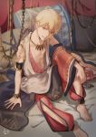  1boy arabian_clothes barefoot blonde_hair earrings fate/grand_order fate_(series) gilgamesh gilgamesh_(caster)_(fate) jewelry looking_at_viewer male_focus necklace parted_lips red_eyes short_hair smile solo takashi_(huzakenna) 