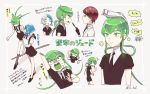  4_fnf androgynous character_sheet euclase_(houseki_no_kuni) green_hair houseki_no_kuni jade_(houseki_no_kuni) necktie petting rutile_(houseki_no_kuni) short_sleeves shorts 