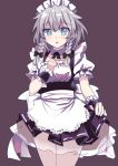  1girl apron black_bow blue_eyes bow braid commentary_request e.o. frills hair_bow hand_on_own_chest highres izayoi_sakuya looking_at_viewer maid_headdress parted_lips petticoat puffy_short_sleeves puffy_sleeves purple_background short_hair short_sleeves solo touhou twin_braids white_hair wrist_cuffs 