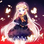  1girl abigail_williams_(fate/grand_order) black_dress blonde_hair blue_eyes bow butterfly doll_hug dress fate/grand_order fate_(series) hair_bow hat long_hair looking_at_viewer miyo_(user_zdsp7735) sleeves_past_wrists solo stuffed_animal stuffed_toy teddy_bear 