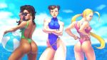  3girls adjusting_clothes adjusting_swimsuit ahoge alternate_hairstyle ass asymmetrical_hair back ball bare_shoulders beach beachball bikini black_hair blonde_hair blue_eyes brazilian breasts brown_eyes brown_hair cammy_white chains choker chun-li competition_swimsuit cornrows crossed_arms dark_skin day double_bun earrings flower gold_chain green_swimsuit hair_flower hair_ornament highres huge_ahoge jewelry josef_axner laura_matsuda lips long_hair medium_breasts multiple_girls muscle nose ocean one-piece_swimsuit ponytail scrunchie street_fighter street_fighter_v sunglasses swimsuit tankini thick_thighs thighs thong_bikini toned 