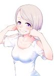  1girl :d blush breasts cheek_pinching commentary_request eyebrows_visible_through_hair hands_up hi_iro highres looking_at_viewer medium_breasts open_mouth original pinching purple_hair shirt short_hair shoulder_cutout simple_background smile solo upper_body violet_eyes white_background white_shirt 