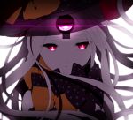  1girl abigail_williams_(fate/grand_order) black_bow blonde_hair bow closed_mouth expressionless face facial_mark fate/grand_order fate_(series) forehead_mark glowing glowing_eye hat hiiragi_fuyuki keyhole long_hair looking_at_viewer orange_bow red_eyes solo third_eye 