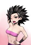 1girl bandeau bare_shoulders black_eyes black_hair blush breasts caulifla cleavage commentary_request dragon_ball dragon_ball_super looking_at_viewer midriff misonou_hirokichi navel solo spiky_hair strapless 