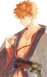 1boy emiya_shirou fate/grand_order fate_(series) igote japanese_clothes limited/zero_over looking_down male_focus nipple_slip nipples orange_hair parted_lips simple_background solo toned toned_male white_background yellow_eyes 