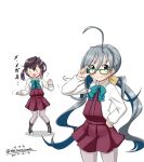  2girls 3_3 ahoge artist_name bespectacled black_hair blue-framed_eyewear boots cowboy_shot cross-laced_footwear dated glasses grey_eyes grey_hair grey_legwear hair_between_eyes halterneck kantai_collection kiyoshimo_(kantai_collection) lace-up_boots low_twintails masara_(masalucky2010) multicolored_hair multiple_girls no_eyewear okinami_(kantai_collection) pantyhose pink_hair school_uniform shirt short_hair simple_background twintails twitter_username white_background white_shirt 
