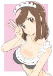  1girl absurdres bangs bare_arms bare_shoulders blush breasts brown_eyes brown_hair cleavage donguri_suzume hand_up head_tilt heart heart-shaped_pupils highres large_breasts looking_at_viewer maid maid_bikini maid_headdress mole mole_under_eye original pink_background simple_background solo symbol-shaped_pupils upper_body v 
